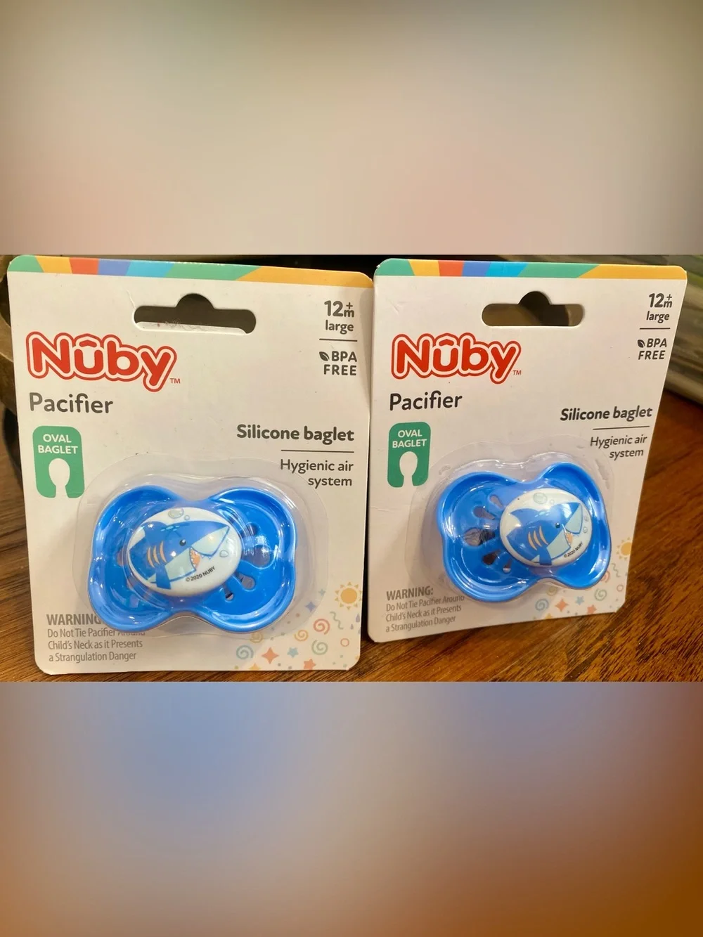 Two‎ New Nûby Blue Silicone Pacifiers - Large 12m+ with Shark Detail